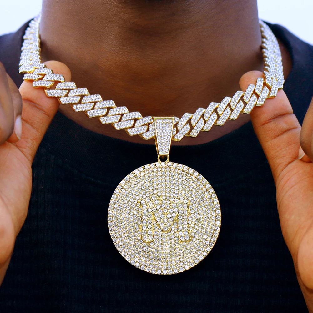 Hip-Hop Cuban Link Kette mit Rundem Buchstabenanhänger für Männer und Frauen, Vereiste Strass 14MM Miami Kette, Unisex Schmuck – Detail 3