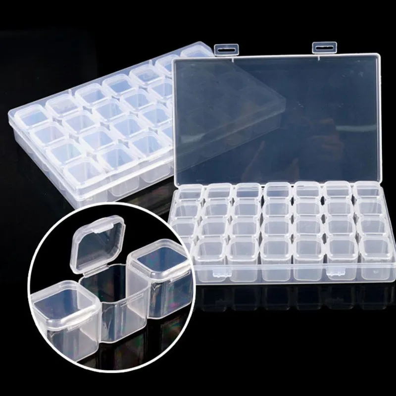 

28 Cells Nail Art Storage Case Rhinestones Gems Transparent Plastic Empty Container Separate Slots Jewelry Beads Organizer Box