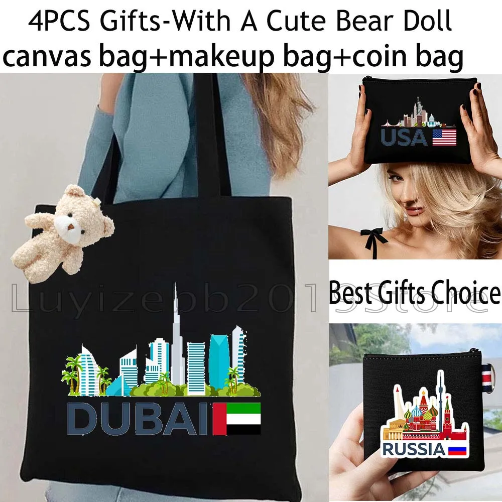 4PCS Cute Gifts Black London Paris Italy Rome Dubai New York Canvas Tote Bag Handbag,Cosmetic Makeup Bag,Coin Purse Wallet Pouch