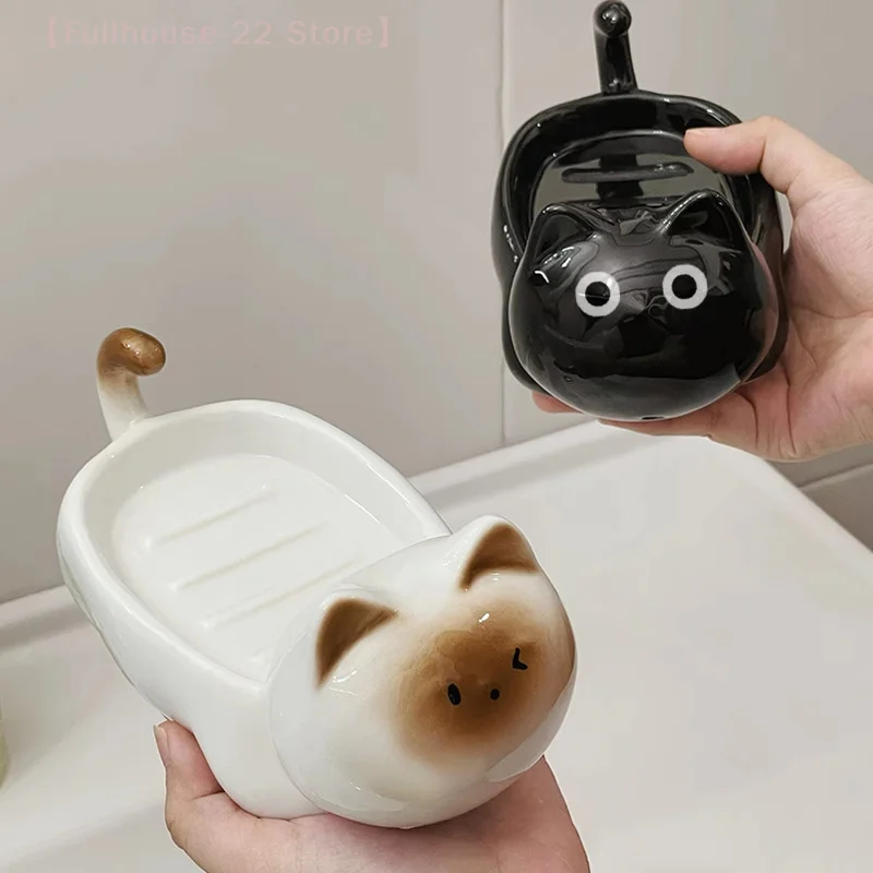 Cute Cartoon Siamese Cat Ceram - Soap Dish Draining 评论和价格