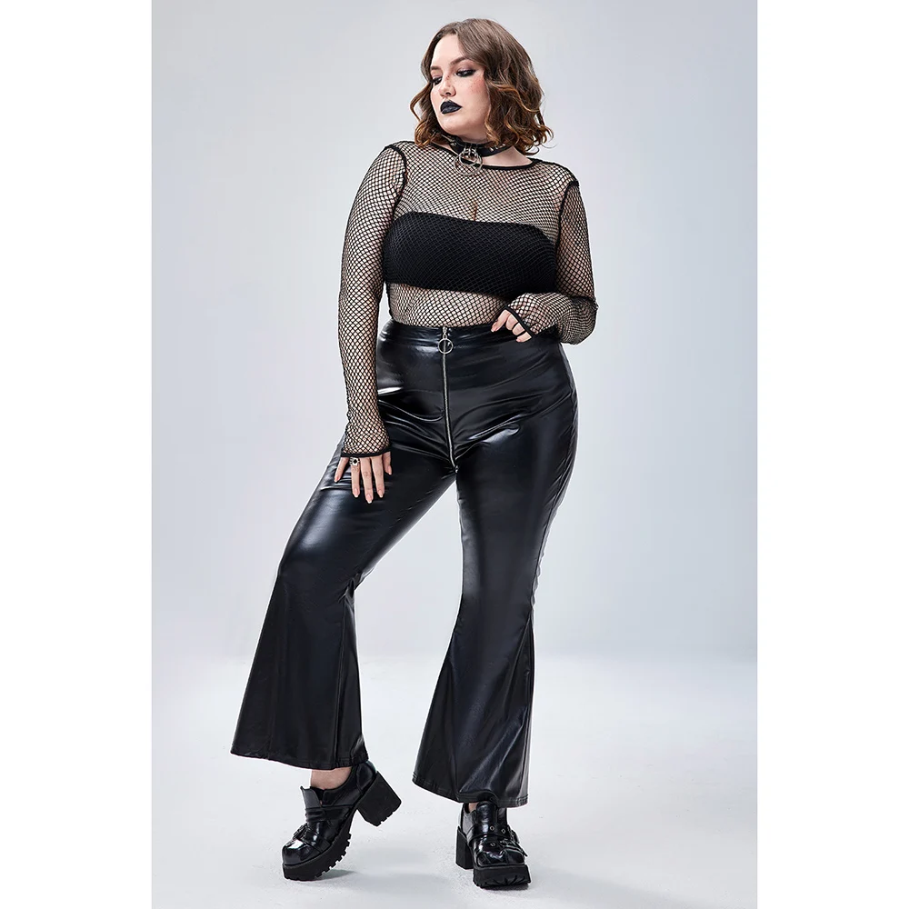 Plus Size Halloween Kostüm Gothic High Taille Reiß verschluss Pu Leder schwarz ausgestellte Hose