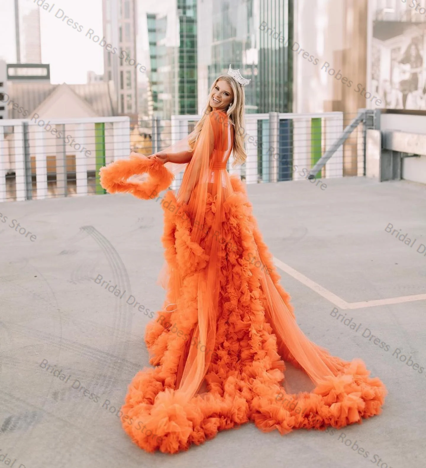 Orange Women Maternity Dress for Photo Shoot Skirt V Neck Bridal Robe Tiered Tulle Full Sleeves Pregnant Prom Gown Customized