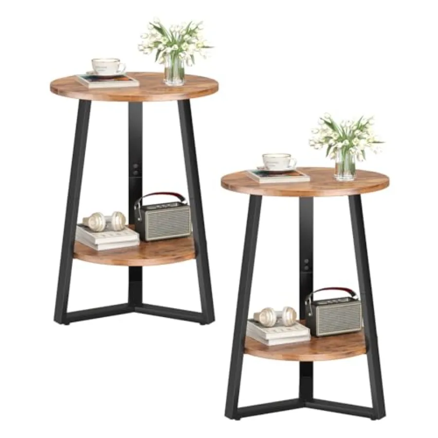 

Small Round End Table Set of 2 for Living Room Bedroom, Wood Top Metal Frame, Rustic Brown, 2-Tier with Storage Shelf