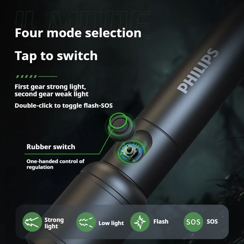 Philips Telescopic Zoom Flashlight Portable Rechargeable Led Lamp 4 Lighting Modes Waterproof Outdoor Self Defense Flashlight