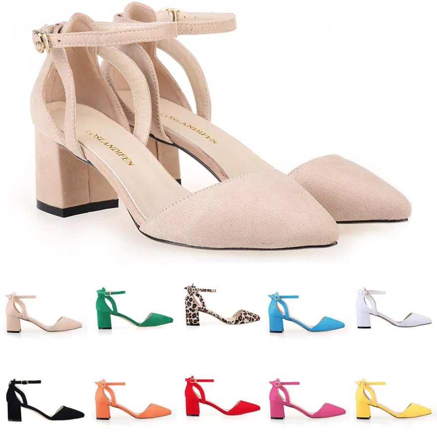 2025 Pointed Flock Women Sandals Concise Buckle Thick High Heels Ladies Office Shoes Red Yellow Hollow Dress Wedding Woman Pumps