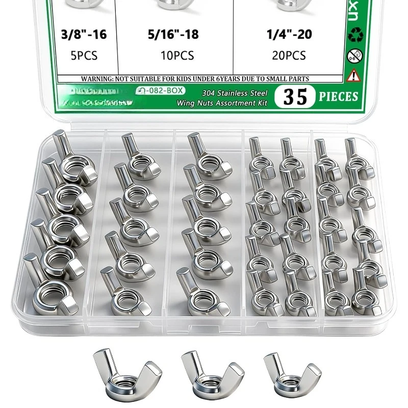 35PCS/Box Stainless Steel Wing Nuts Assortment Kit 1/4