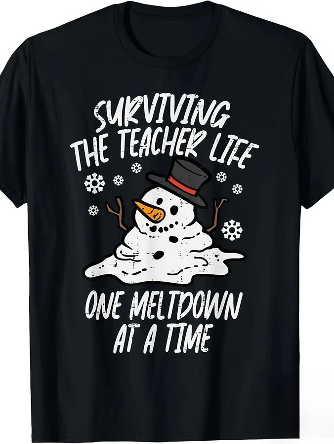 Surviving The Teacher Life T Shirt Women Funny Christmas Slogan Graphic Tees Melting Snowman Letter Printed Black Crew Neck Short Sleeve Top Xmas Holiday Outfits