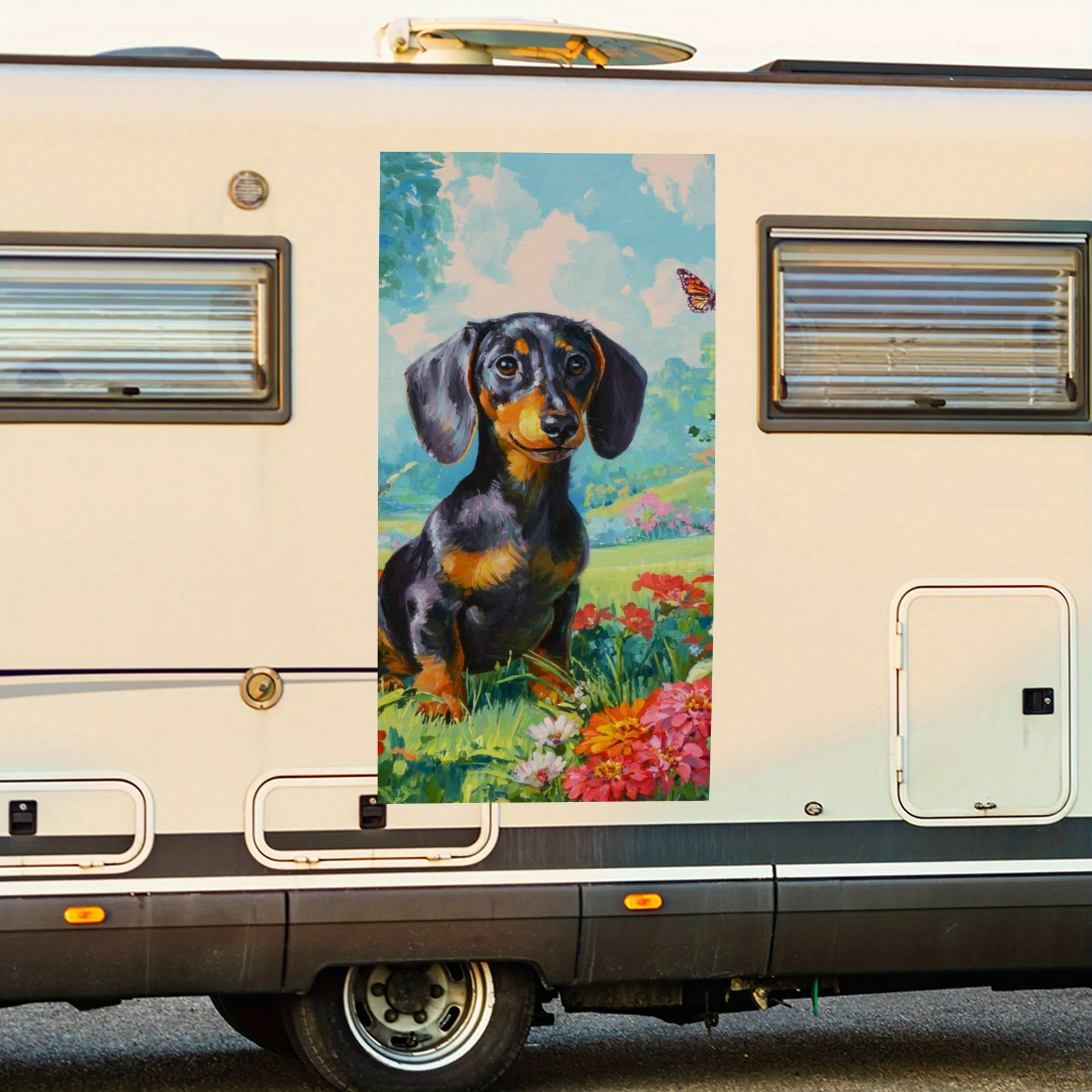 

Dachshund in Flower Field- Vinyl Decal for RV Rear, Waterproof Self - Adhesive Vinyl Stickers for RV Tail and Bumper, Decoration