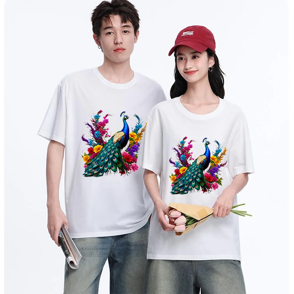 Peacock With Colorful Flowers Printed T Shirt Breathable Fabric S-XXL Personalized Custom Casual Short Sleeve Tee Aesthetic Grap