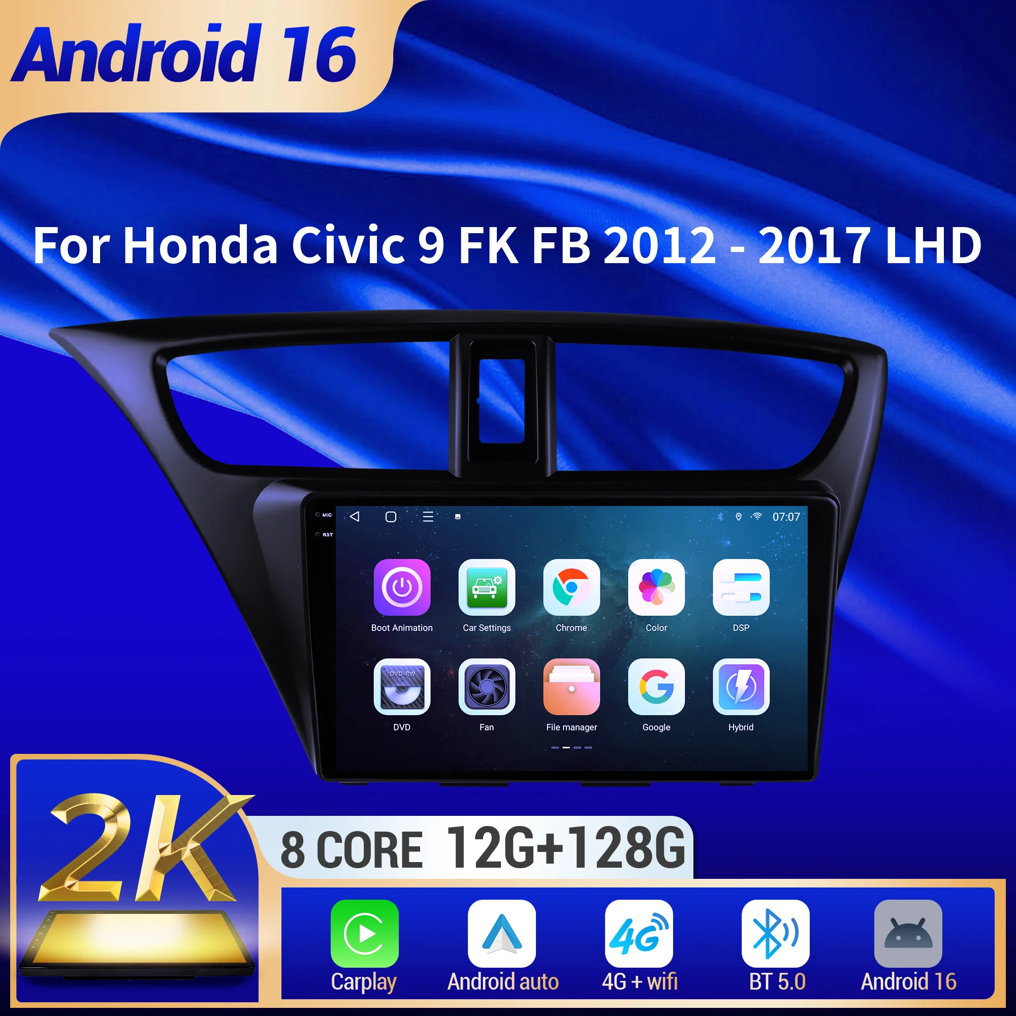 9 inch Car Radio For Honda Civic 9 FK FB 2012-2017 LHD BT Carplay Android 16 Multimedia Navigation Head Unit 2K QLED Screen