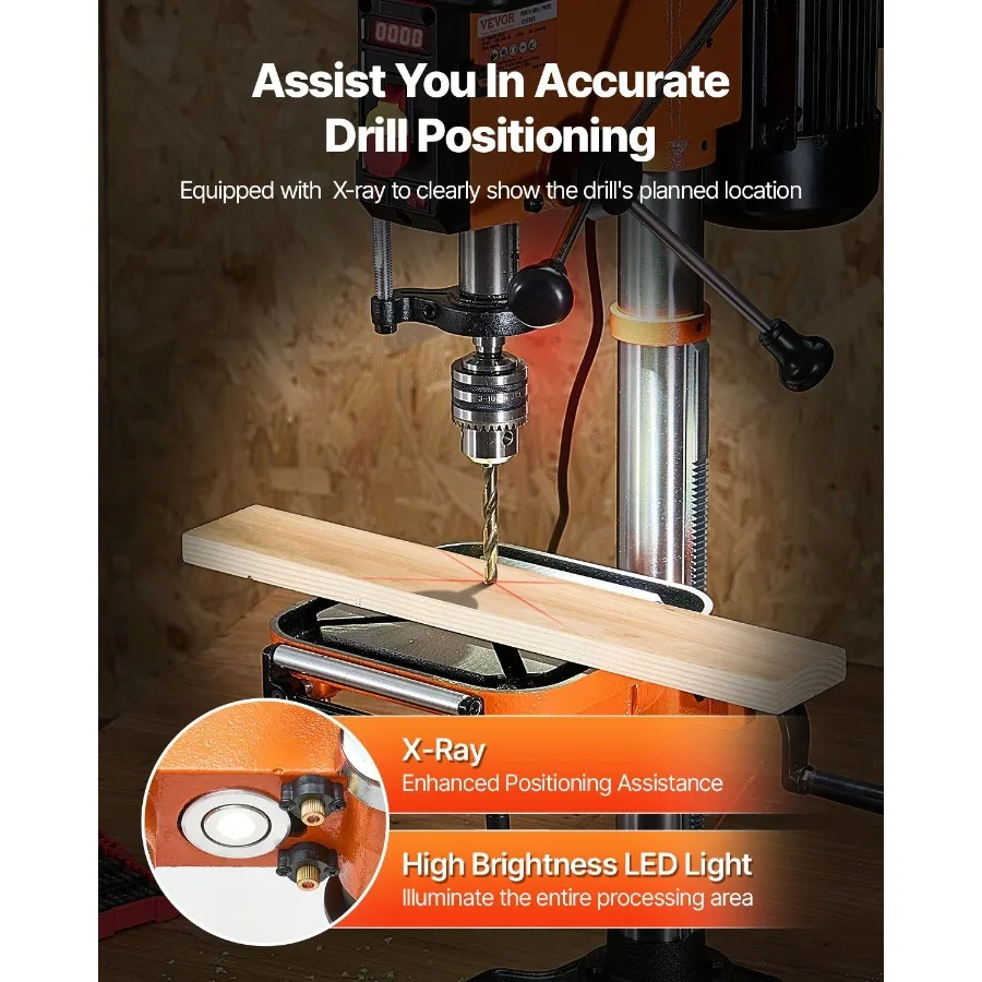 12インチ卓上ボール盤、5アンペア、120V可変速、鋳鉄製、旋回距離12インチ、0.45°傾斜作業台付き