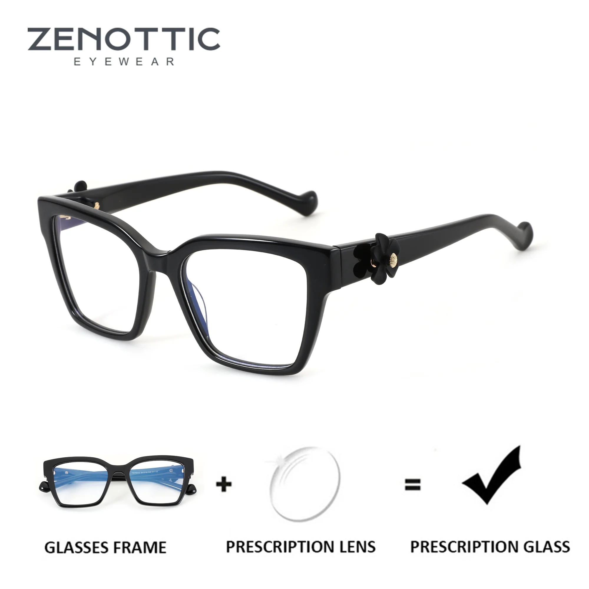 

ZENOTTIC Flower Decoration Square Prescription Eyeglasses Handmade Acetate Photochromic Optical Glasses for Women