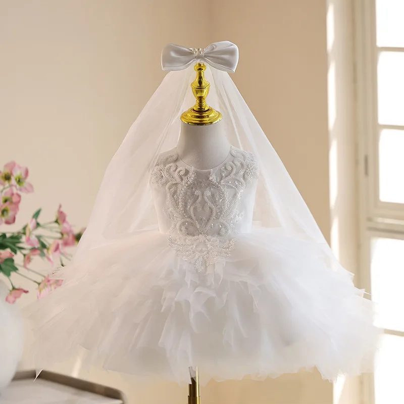 White Baby Girl 1st Birthday Dress Lace Beaded Tulle Kids Girl Dresses Toddler Baptism Birthday Party Wedding Children Clothing