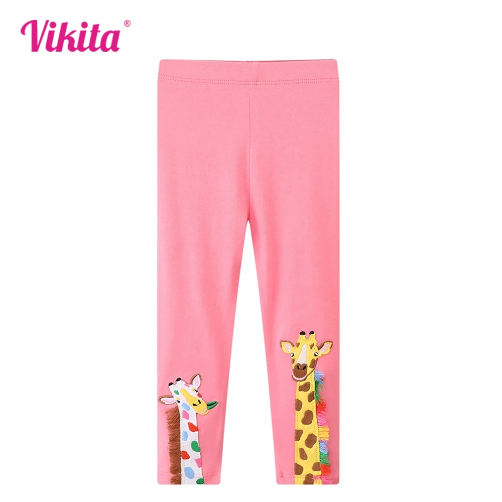 

VIKITA Children Clothing Kids Giraffe Cartoon Appliqued Trousers Girls Pink Cotton Casual Skinny Pencil Pants Leggings 3-7 Yrs