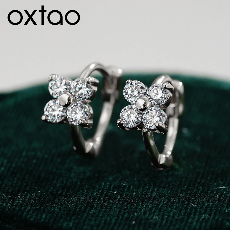 

OXTAO Mini Cute Moissanite Floral-Style Earrings Female Jewelry Sweet Four Leaf Hoop Flower Earrings Party Jewelry 14K Gold Fill