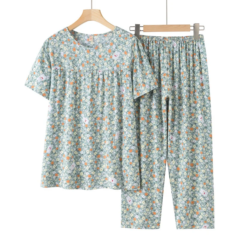 

Grandma 2023 Summer Clothes New Suit Floral Elderly Female Mother Short Sleeve Cotton Silk Elderly Summer Clothes Two-piece Set