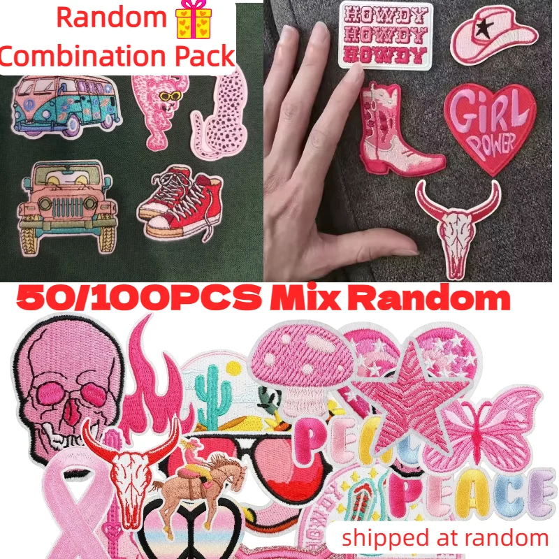 

Wholesale Pink Random Cartoon Embroidered Patch Pack 50/100pcs Mixed Style Bow Love Heart Iron On For Clothing DIY