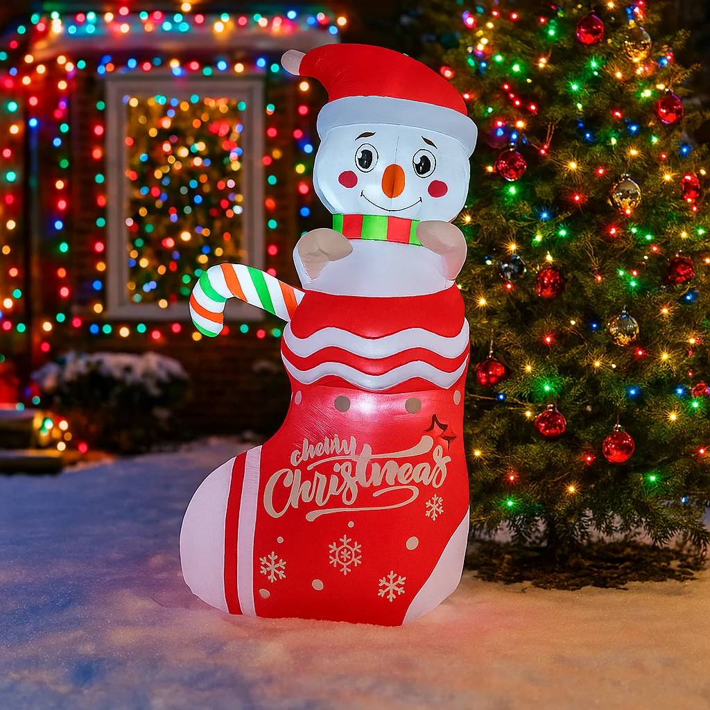 1.8M/5.9FT Inflatable Snowman with Christmas Stocking Lights LED Home Decoration Toy Yard Xmas Holiday Supplies Party Decoration