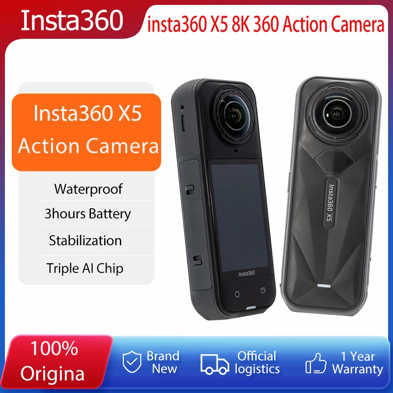 Caméra d'action étanche Insta360 X5 8K 360 °   Vidéo HDR améliorée en basse lumière, lentilles remplaçables, autonomie de la batterie de 3 heures, triple puce IA
