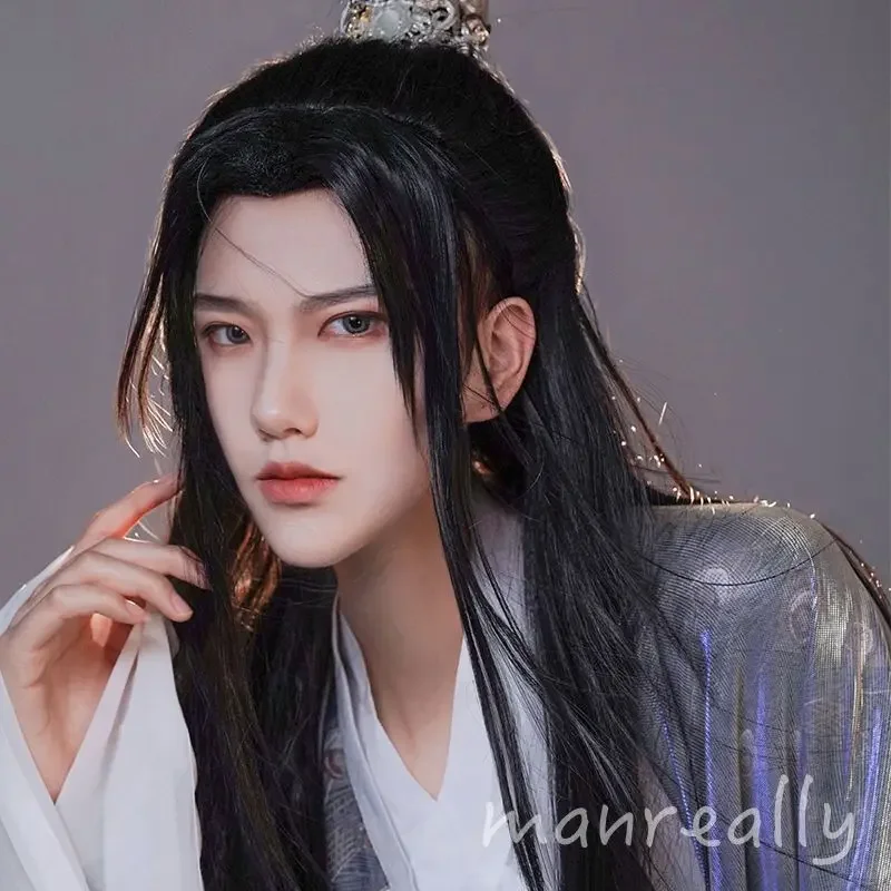 Cosplay Hanfu peruki mężczyźni kobiety chińskie tradycyjne starożytne Hanfu peruka pary Cosplay nakrycia głowy szare białe czarne długie peruki z prostymi włosami