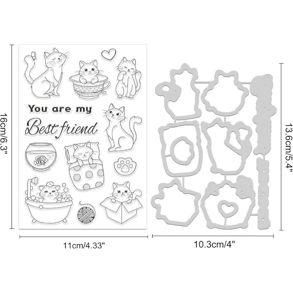 2pcs Cat Pattern Stamps and Metal Dies for Card Making, Cat Bathing, Playing and Sleeping Clear Stamp and Cutting Die Sets