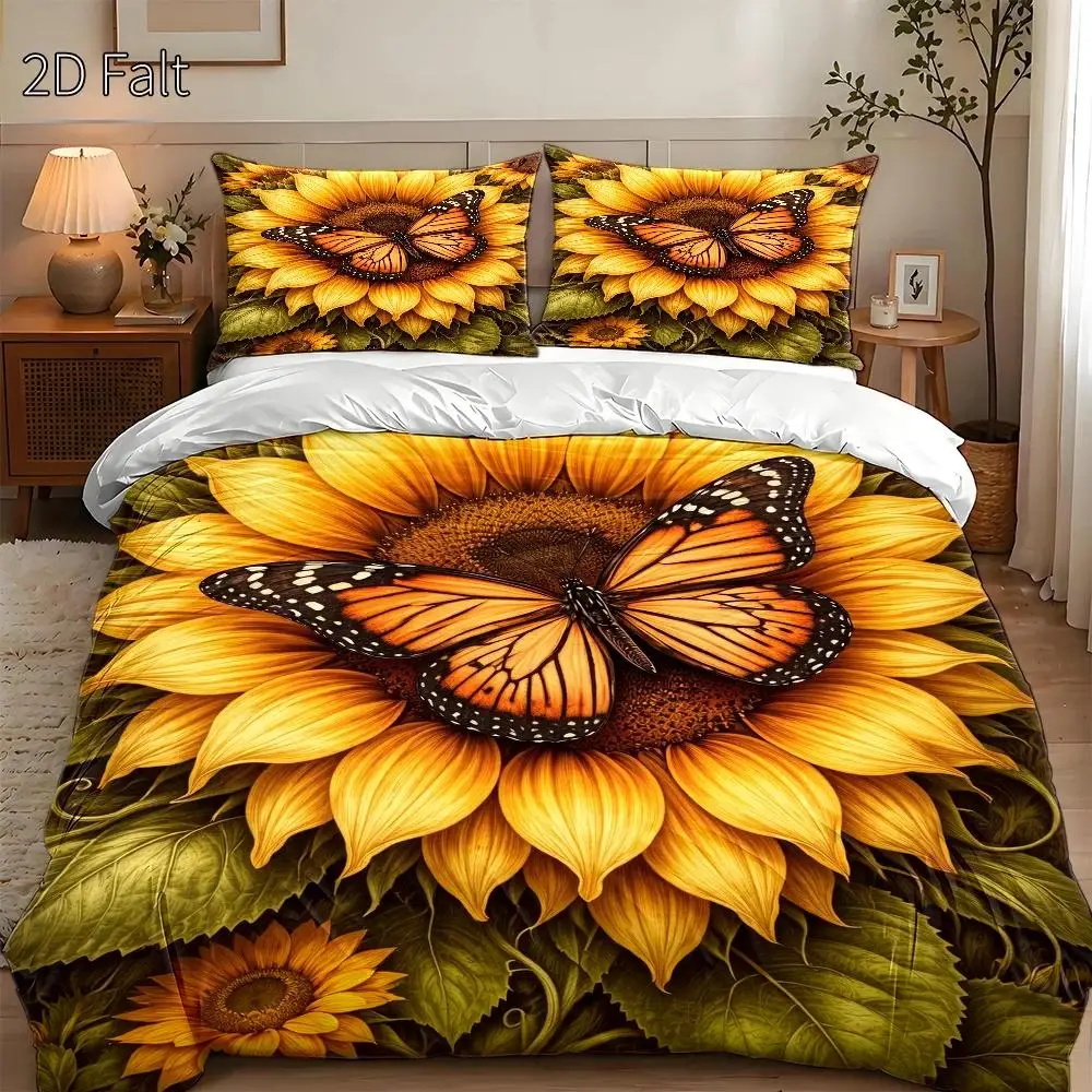 3-Piece Quilt Cover Set, 1 Quilt Cover + 2 Pillowcases (Without Filling) 2D Flat Printing, Three-Piece Quilt Cover Set, Sunflower and Butterfly Theme, Realistic Style, No Specific Holiday Theme, Suitable for All Seasons, Machine Washable, Invisible Zipper, Large Quilt Cover Set, Bedding Set, Skin-Friendly, Breathable, Soft and Comfortable, Does Not Fade or Pill, Suitable for Home/Dormitory/Master Bedroom/Guest Room