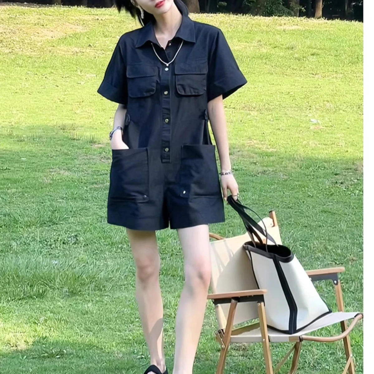 Damskie spodnie robocze z szerokimi nogawkami, letnie, nowe, koreańskie, luźne, wyszczuplające, do kolan, kombinezon, odzież robocza