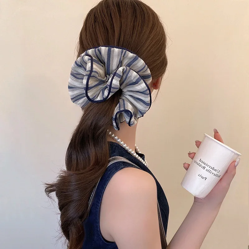 Korean Navy Blue Striped High Ponytail Headband