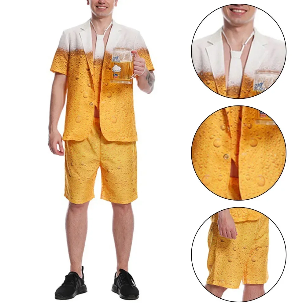 Men\'s Oktoberfest Beer Suit, Funny Humour Stag Party Costume Jacket Pants, 3D Beer Pattern, Cosplay Dress 3Pcs/Set