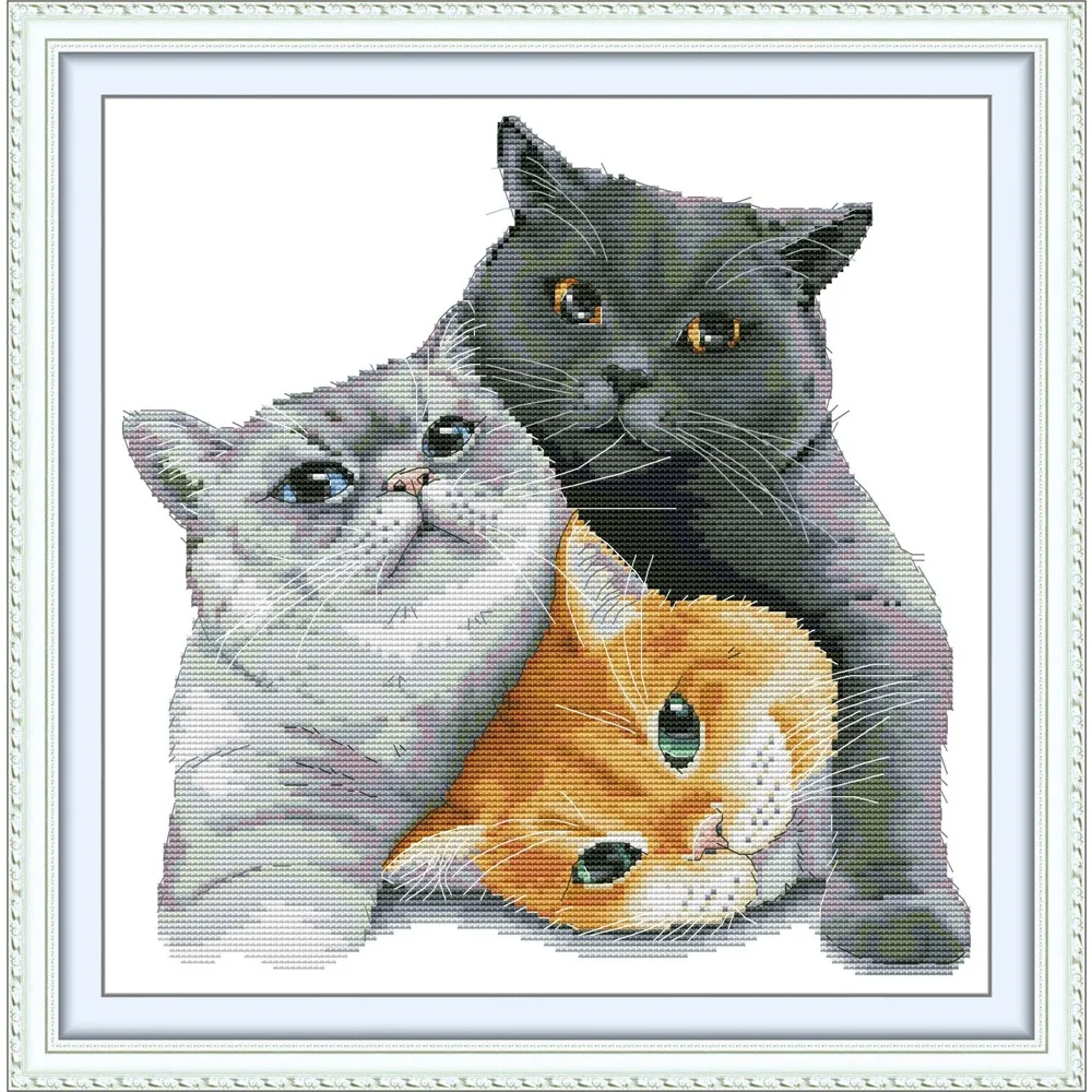 Joy Sunday News Pre-Printed Cross Stitch Kit, Stamped Aida Fabric with DMC Threads, Embroidery Kit - Three Little Lazy Cats