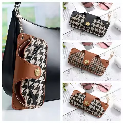 Fashion Leather Hanging Buckle Glasses Box Portable Houndstooth Glasses Storage Travel Sunglasses Pouch Eyewear Protector Case