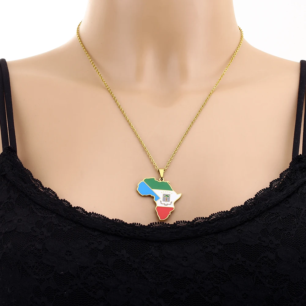 Stainless Steel Enamel African Map Equatorial Guinea Flag Pendant Necklace Unisex Couple Ethnic Patriotic Jewelry Hot Sale