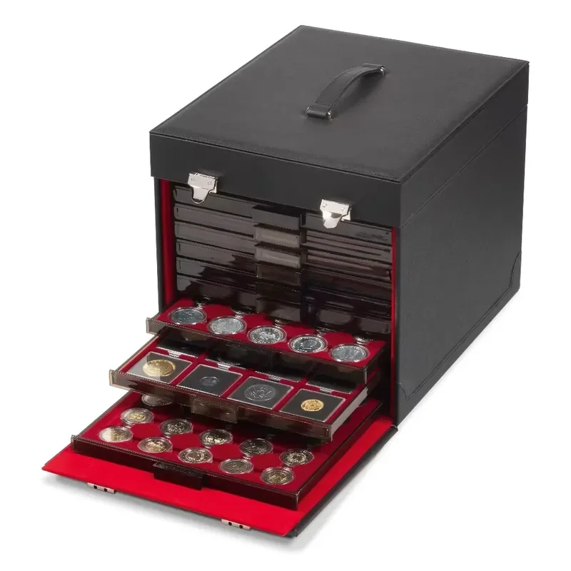 Black Leather Coin Storage Box with Lock and Handle Red Velvet Lined 10 Slot Tray Organizer for Collectors Secure Display