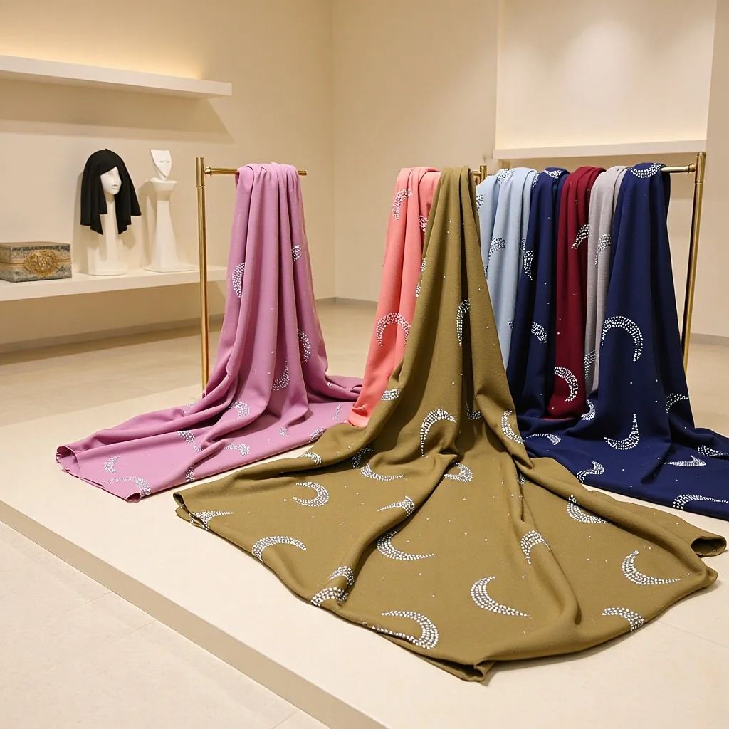 

Hot Fix Rhinestone Crescent Moon Chiffon Head Scarf Arab Muslim Turban Wrap