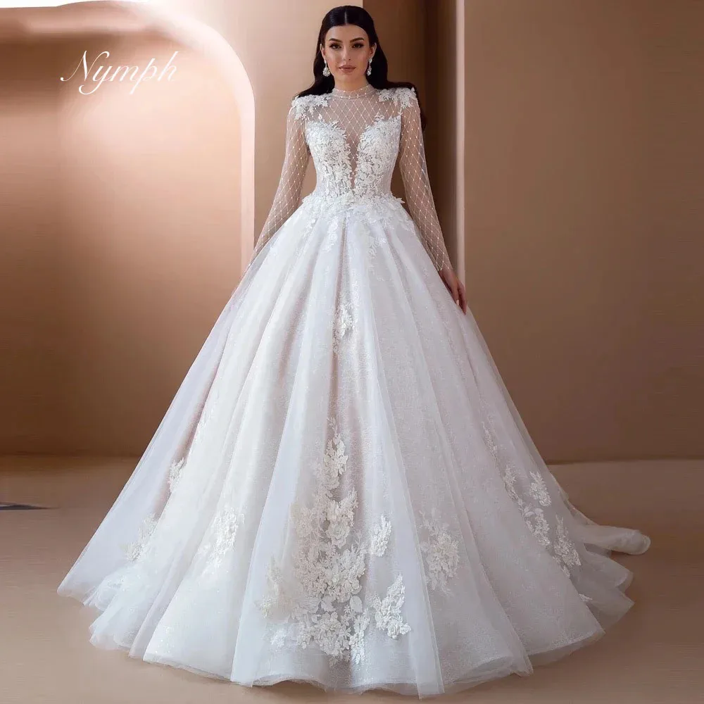

Nymph Elegant A Line Bridal Gown High Neck Long Sleeve Lace Appliques Wedding Dress Custom Made Princess Bride Dresses