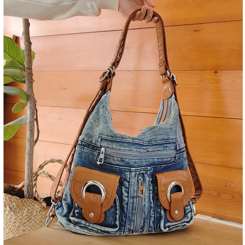 

Denim Casual Shoulder Bags Zipper Versatile Large Capacity Backpack for Women 2024 Fashion ladies Crossbody bag