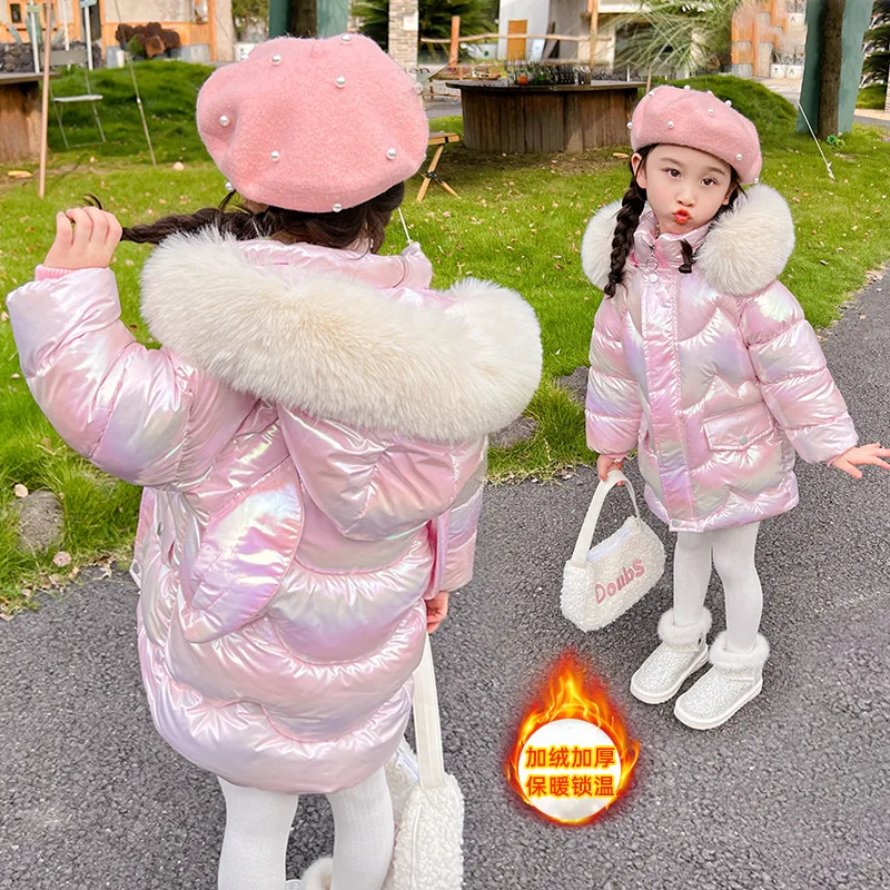 RAISE -20 Degree Children Girls Winter Jackets Shiny No Wash Junior Girls Mid-length Parkas Faux Fur Young Teens Girls Outerwear