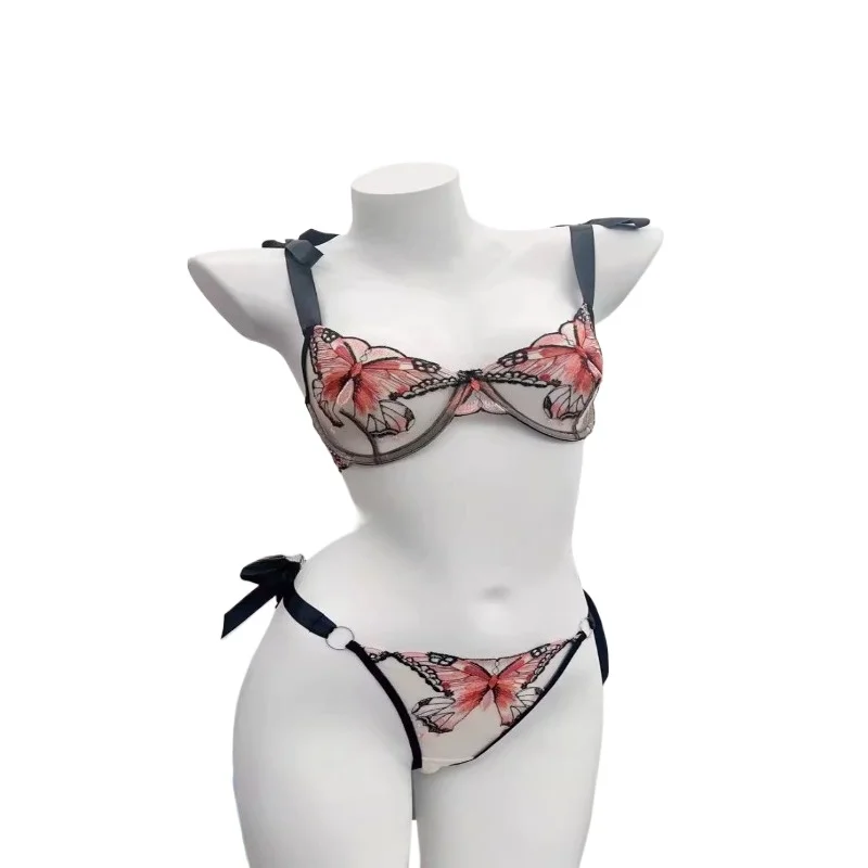 

Sheer Ultra Thin Lace Lingerie Set Women, French Butterfly Embroidery Push Up Bra, Soft Underwire Supportive Intimate Sleepwear