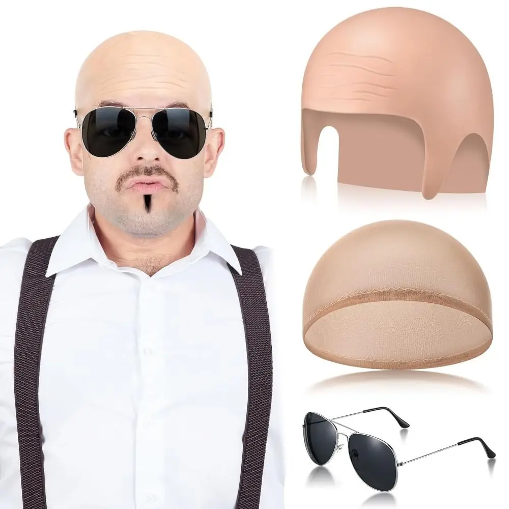 

New with Glasses Bald Caps Nylon Fashionable Bald Head Wig Cap Can Be Cut Costume Set for Halloween Party Cosplay