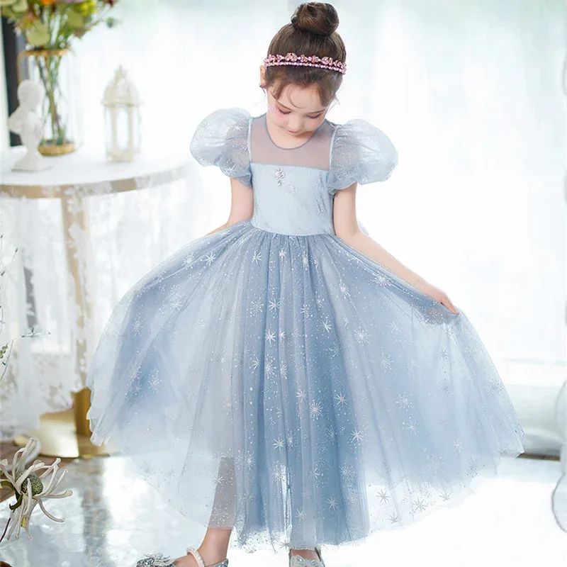 Gaun Putri Anak Perempuan Elsa Cosplay Ikatan Simpul Kepingan Salju Kostum Ratu Salju Gaun Pesta Bermain Peran Pesta Ulang Tahun Karnaval Anak-anak