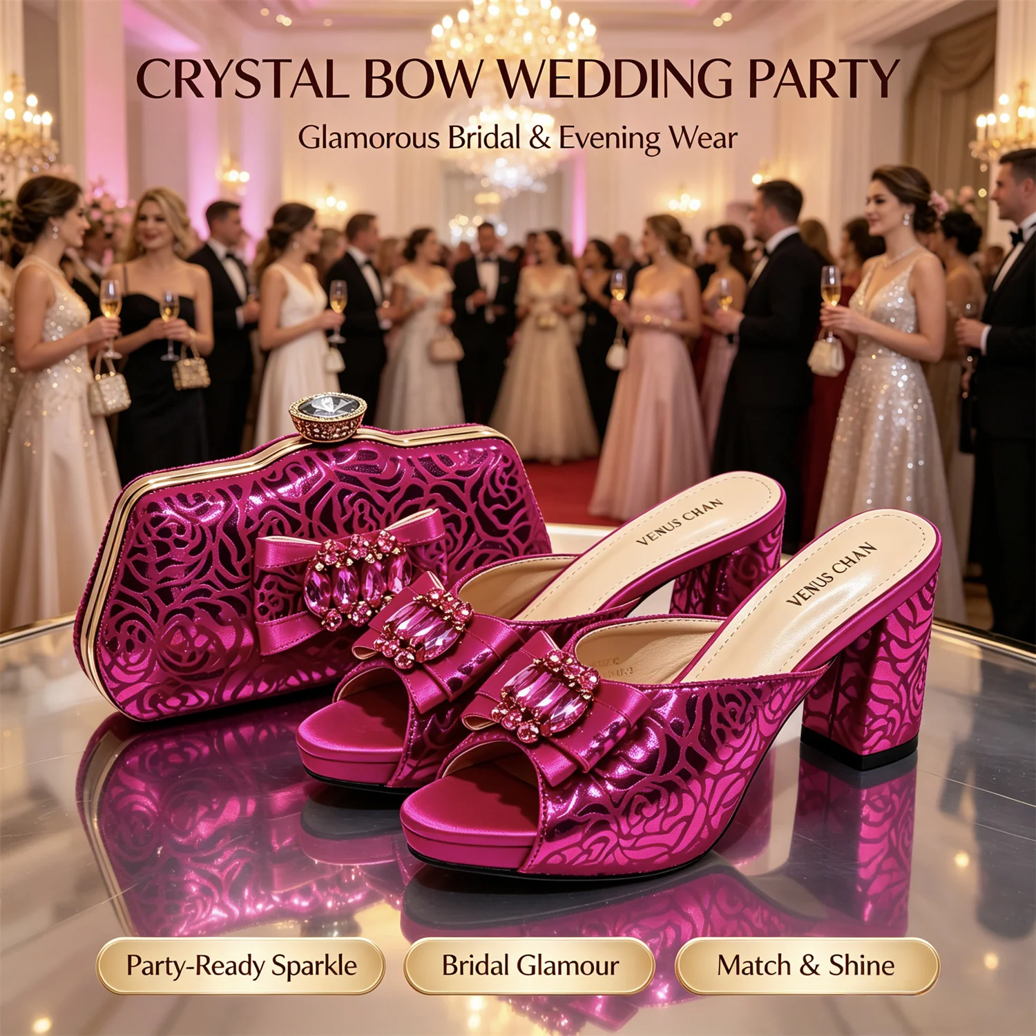 Conjunto de zapatos y bolso de mujer con encaje de satén morado de lujo, tacón de bloque con lazo de pedrería, sandalias abiertas, para bodas, fiestas y eventos nocturnos.