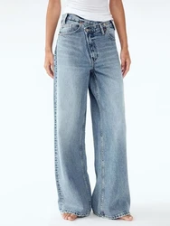 HOUZHOU Women Wide Leg Jeans Vintage Irregular Washed Denim Trousers Aesthetic Baggy Straight Asymmetrical Jeans High Waist