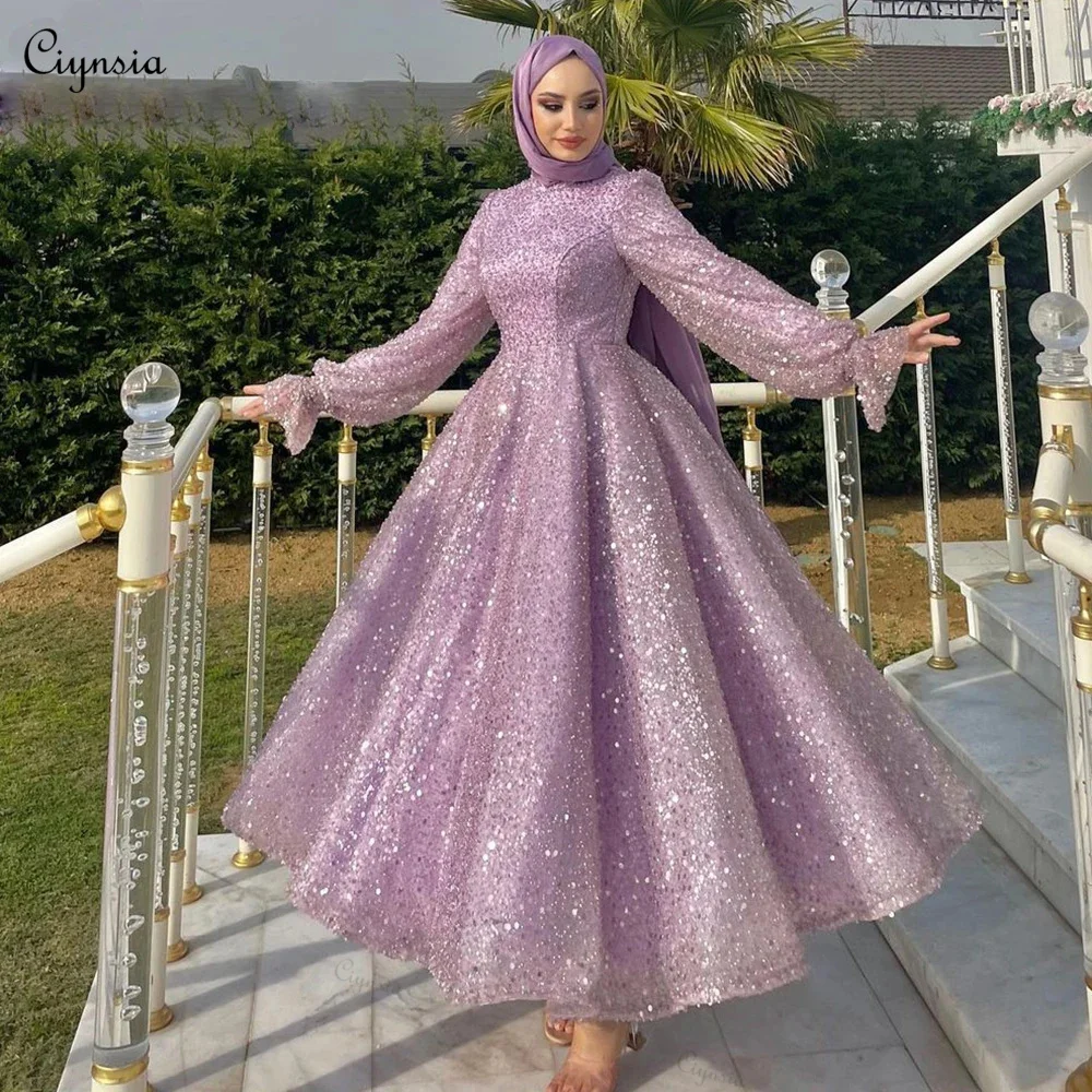 Ciynsia High Neck Luxury Beaded Hijab Muslim Evening Dresses Long Sleeves Islamic Formal Prom Gown Arabic Dubai فستان سهرة نسائي