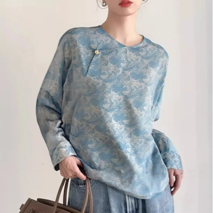 

Light Blue Silk Embroidered Shirt Women's Early Spring Design Sensation Thin New Chinese Style National Trend Casual Cotton P...