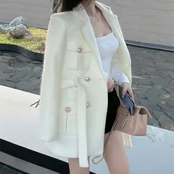 Korea Fashion White Blazer Jacket For Women Autumn Winter New Vintage Long Sleeve Noted Double-breasted Coat Female Tops