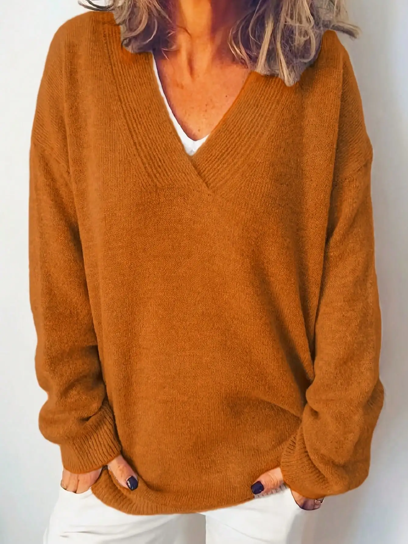 Herbst Winter Täglicher Casual Damen Übergröße V-Ausschnitt Langarm Pullover – Detail 10
