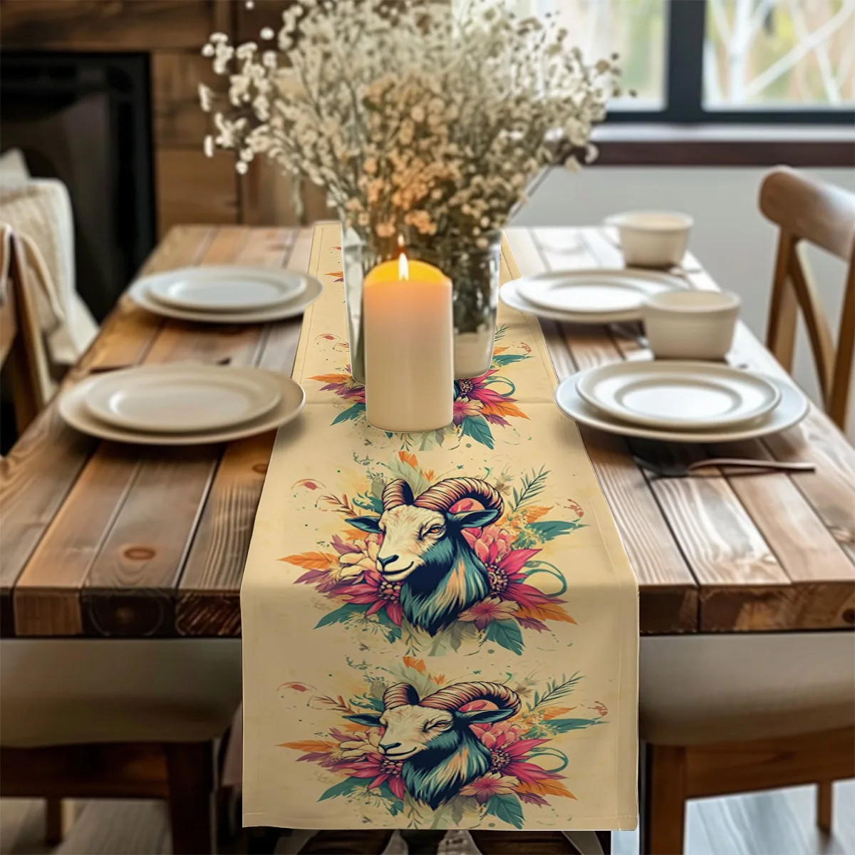 

decor table runner Ram Head with Vintage Floral Bouquet Design Tablecloth for family dinner wedding parties,dresser scarf table