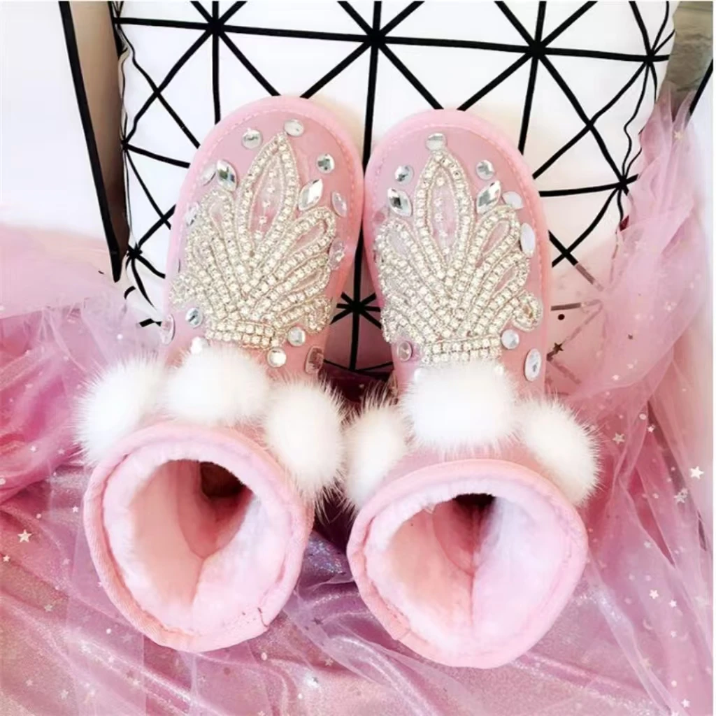 

Pink hairball rhinediamond accessories Fur One Party Snow boots handmade custom large size thickening women's naked boots 35-44