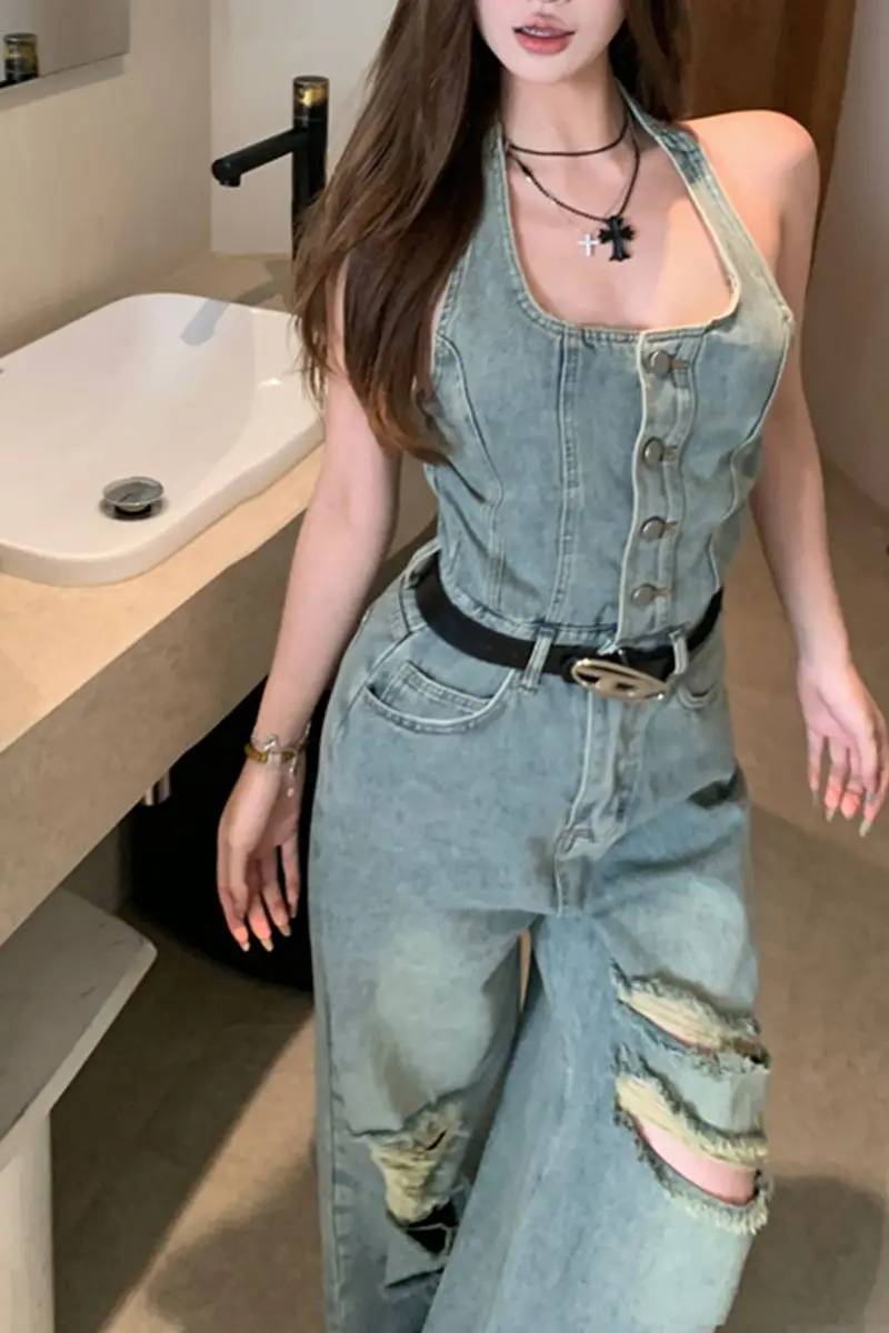 Denim Jumpsuit Ripped High Waist Retro Blue Female Summer Hottie Wide Leg Pants Slim Floor-Length Trousers