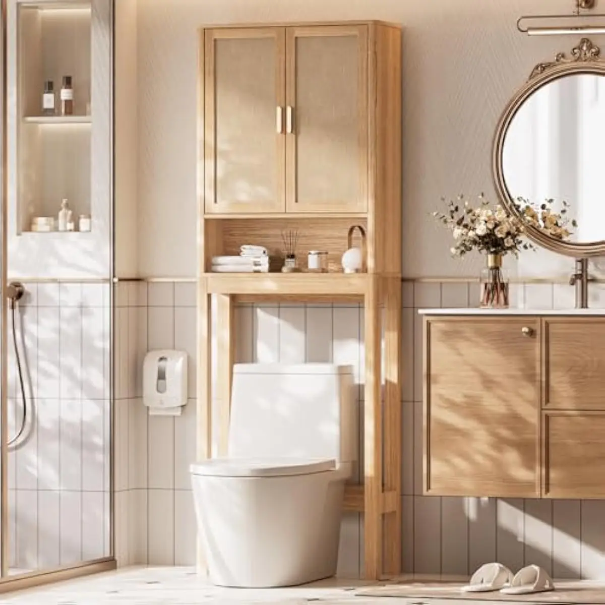 Over Toilet Storage Unit with Woven Rattan Doors and Customizable Interior Shelf | Freestanding Tall Bathroom Organizer for Comp